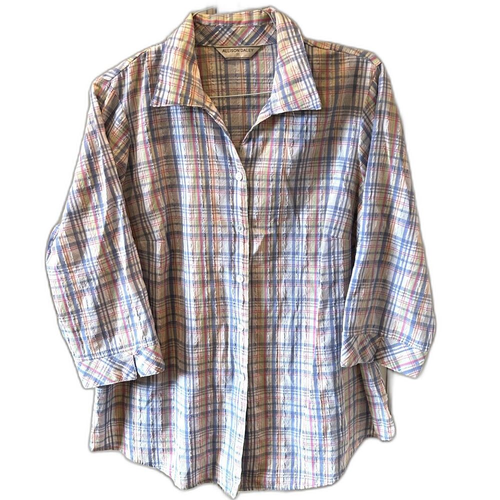 Vintage Allison Daley Pastel Plaid Button-Down Blouse - Size Large